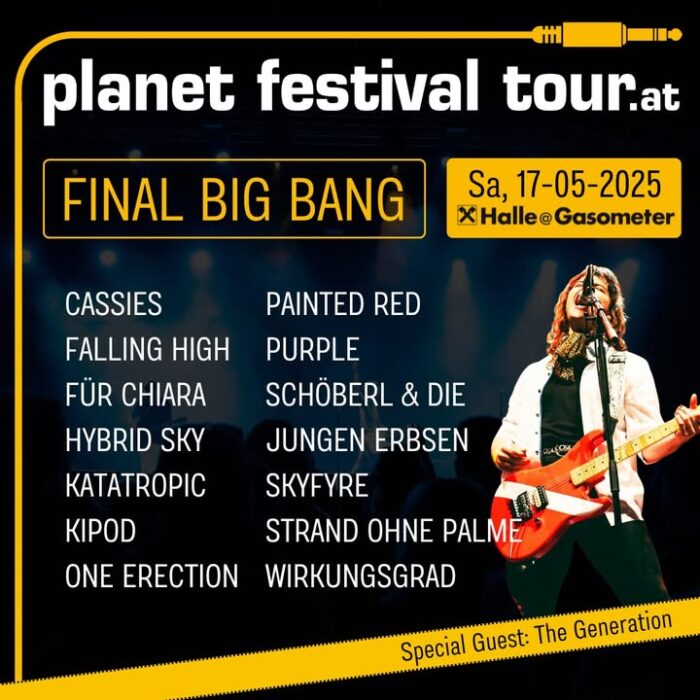 In drei Tagen ist es soweit: Das große Finale der Planet Festival Tour! 😍
Und hier haben wir nochmal all unsere Finalisten und alle wichtigen Infos auf einen Blick:
🗓️ Samstag, 17. Mai 2025
🕓 Einlass 15:30 Uhr
📌 Raiffeisen Halle im Planet.tt Gasometer
Guglgasse 8, 1110 Wien
Tickets gibt es bei allen teilnehmenden Bands sowie auf Ö-Ticket unter folgendem Link: https://tinyurl.com/oe-ticket-pft-finale
Das genaue Lineup wird erst an dem Spieltag festgelegt. Also kommt rechtzeitig zu Einlass, um auch keinen Act zu verpassen!
Wir freuen uns auf euch 🤘🤩